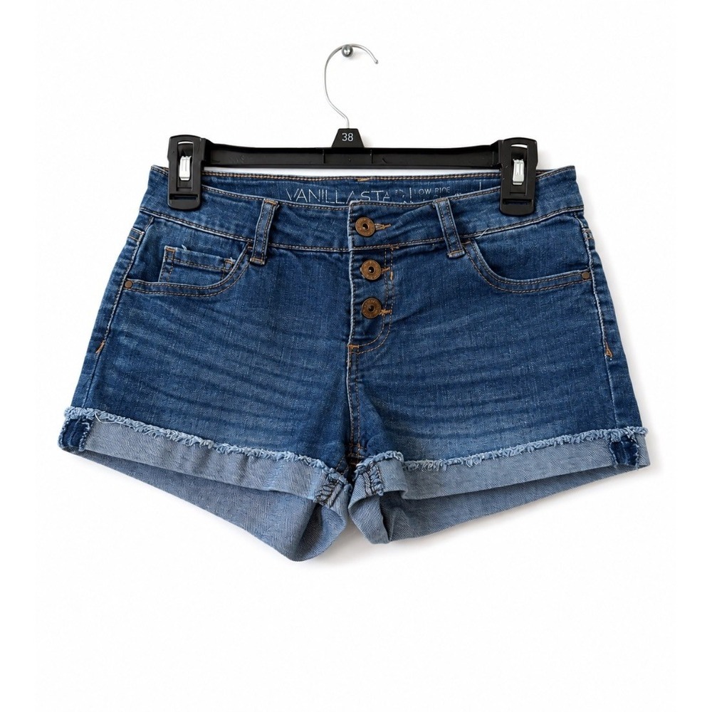 Vanilla Star Womens Blue Denim Jean Shorts Button Fly Cuffed Low Rise Size 5